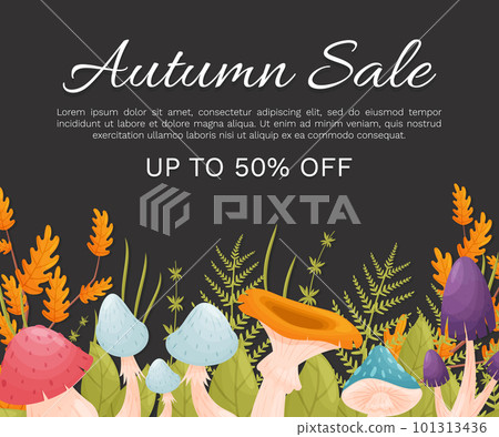 Forest Decor Banner Design with Mushroom and Leaf Vector Template 101313436