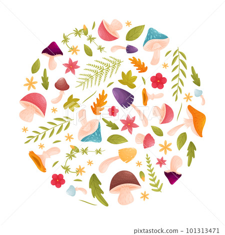 Forest Decor Round Composition Design with Mushroom and Leaf Vector Template 101313471