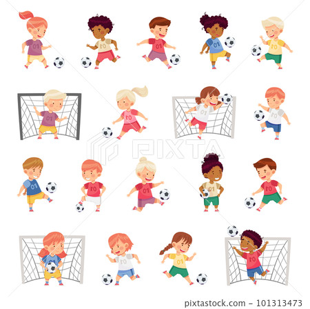 Little Boy and Girl in Sports Shirt and Shorts Playing Football Kicking Ball and Scoring Goal Big Vector Set Little Boy and Girl in Sports Shirt and Shorts Playing Football Kicking Ball and Scoring Goal Big Vector Set 101313473