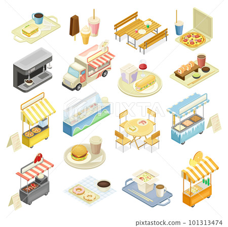 Food Court with Counters of Multiple Food Vendors and Self-serve Dinner Area Isometric Big Vector Set Food Court with Counters of Multiple Food Vendors and Self-serve Dinner Area Isometric Big Vector Set 101313474