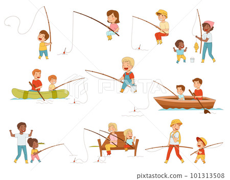 Happy Children and Parents with Fishing Rod Catching Fish in the River or Lake in Summer Big Vector Set 101313508