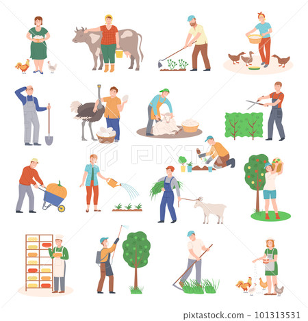 People Farmer Characters Harvesting and Doing Garden Work Big Vector Illustration Set 101313531