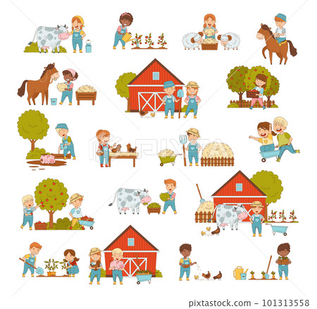 Little Children Working on the Farm Feeding Livestock, Harvesting and Gardening Big Vector Set Little Children Working on the Farm Feeding Livestock, Harvesting and Gardening Big Vector Set 101313558
