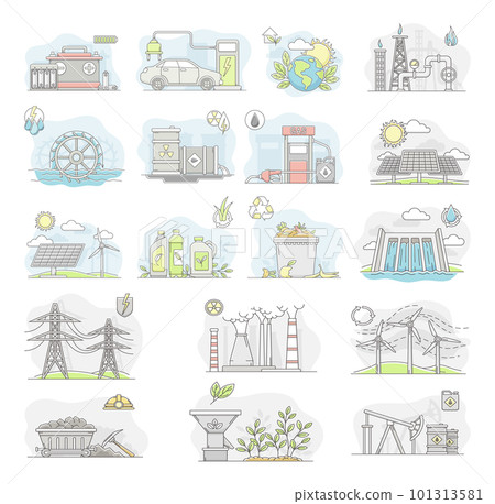 Energy Sources with Fossil Fuel, Nuclear Fuel and Renewable Resources Line Big Vector Set 101313581