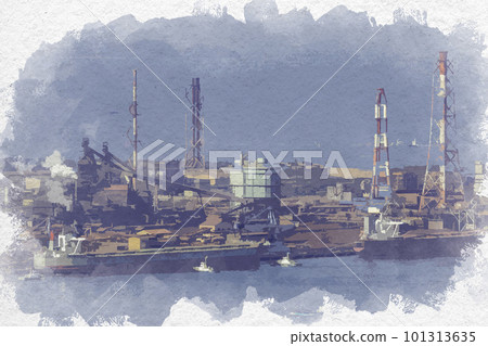 Watercolor style Mizushima coastal industrial area JFE Steel blast furnace, tanker and iron ore Kurashiki City, Okayama Prefecture Watercolor style Mizushima coastal industrial area JFE Steel blast furnace, tanker and iron ore Kurashiki City, Okayama Prefecture 101313635