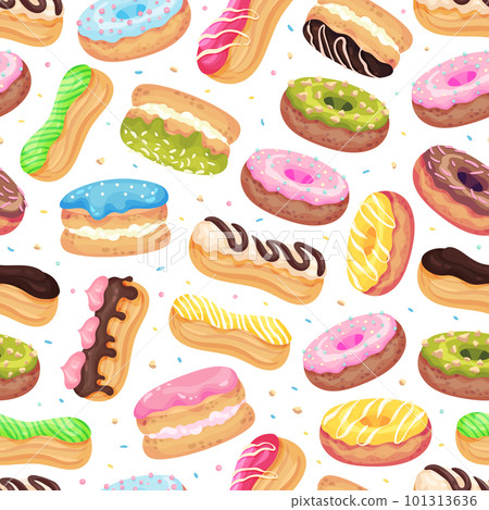 Donut and Eclair Seamless Pattern Design with Sweet and Yummy Creamy Food Vector Template Donut and Eclair Seamless Pattern Design with Sweet and Yummy Creamy Food Vector Template 101313636