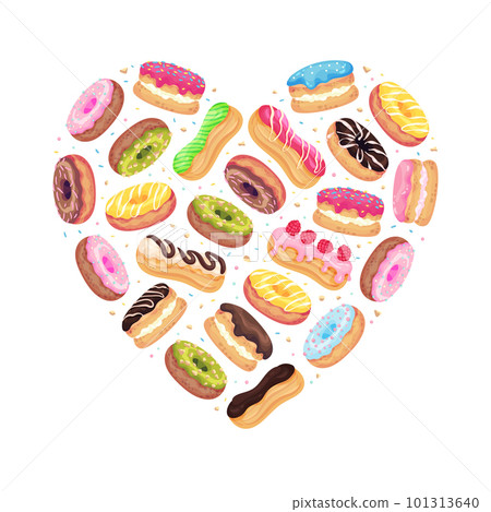 Donut and Eclair Heart Shaped Design with Sweet and Yummy Creamy Food Vector Template 101313640