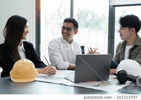 Construction and structure of Engineer or architect meeting for project working with partner and tools on model building and blueprint in working site 101313707