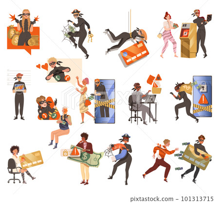 Cybercriminal Committing Network and Computer Crime Harming Security and Financial Health Big Vector Set 101313715