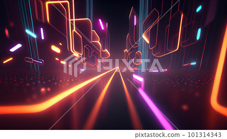Generative AI, Neon Data Stream: A Glowing 3D Render Abstract Background with Bokeh Lights and Data Transfer Concept 101314343