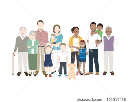 Caucasian and black, illustration of a three-generation family Caucasian and black, illustration of a three-generation family 101314438