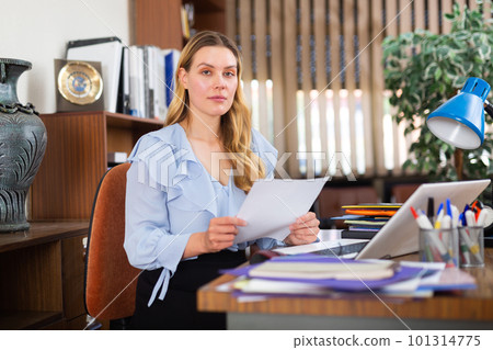 Upset female employee manager at working place Upset female employee manager at working place 101314775