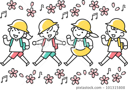 背著書包走路的小學女生男生和櫻花 101315808