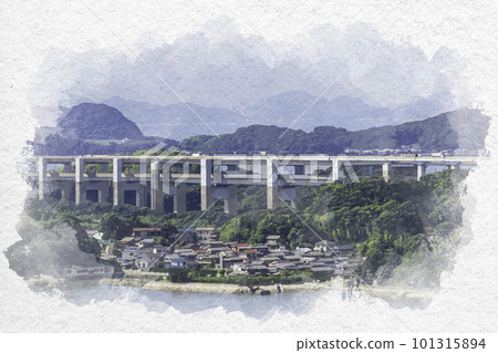 水彩風格的大瀨戶大橋 Hitsuishijima 高架橋 岡山縣倉敷市 101315894