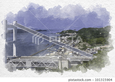 Watercolor-style Great Seto Bridge and Shimotsui Fishing Port Kurashiki City, Okayama Prefecture 101315904