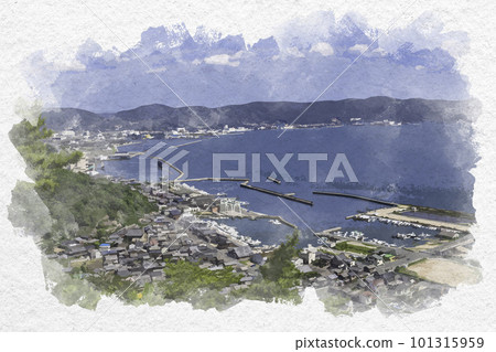 從 Obatake 漁港到小島市區岡山縣倉敷市的水彩風格景觀 101315959