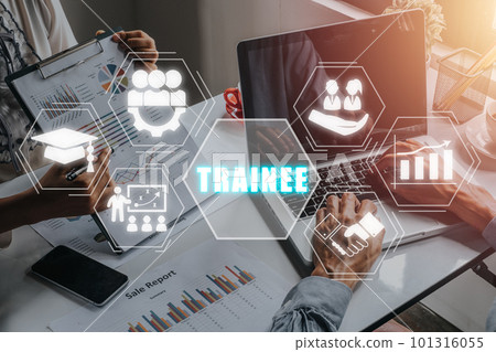 Trainee program and apprenticeship on the Job Training Concept, Business team using laptop computer with trainee icon on virtual screen background, training, mentor, support. Trainee program and apprenticeship on the Job Training Concept, Business team using laptop computer with trainee icon on virtual screen background, training, mentor, support. 101316055