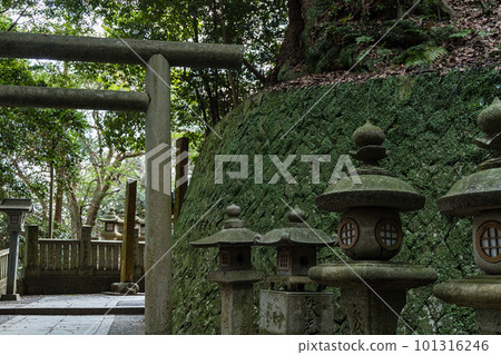 Lanterns and torii gates on the approach to Kotohiragu Shrine in Kotohira, Nakatado-gun, Kagawa Prefecture, Japan 101316246