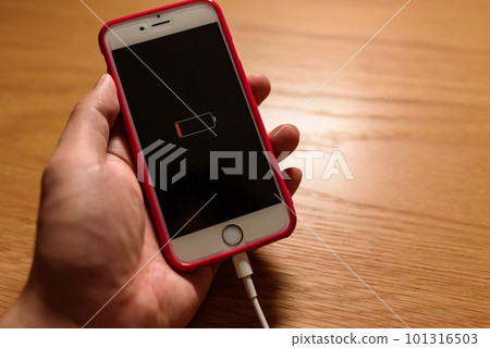 A man holding an old smartphone with a sense of use that charges with a cable when the battery is dead A smartphone placed on the desk 101316503