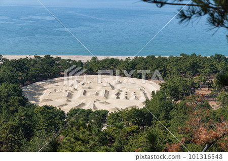 從日本香川縣觀音寺市琴引公園的觀景台看到的模仿寬永津法的錢形沙畫 101316548