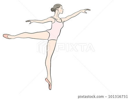 Illustration of a young and cute Japanese girl in a pink leotard taking ballet lessons, full body, side view, profile 101316731