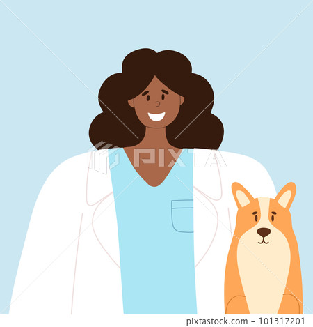 Happy veterinarian with a happy dog. Animal care vector illustration. Flat style. African girl vet doctor. World Veterinary Day. 101317201