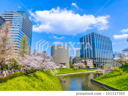 日本東京城市景觀從 Tayasumon 附近看 Showakan 和盛開的櫻花 = 4 月 1 日 101317365