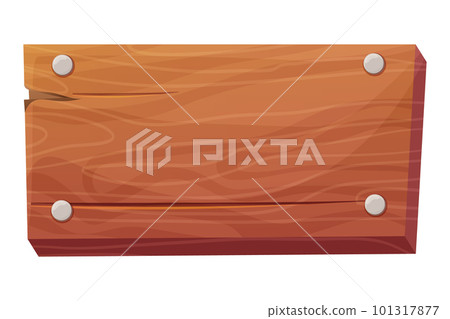 Wooden plank, frame game ui asset textured piece of board with nails, button in cartoon style isolated on white background. frame for massage, decoration. 101317877