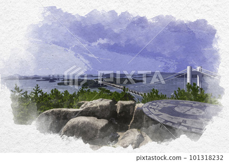 Watercolor painting view of the Great Seto Bridge from the summit of Mt. Washu in Kurashiki City, Okayama Prefecture Watercolor painting view of the Great Seto Bridge from the summit of Mt. Washu in Kurashiki City, Okayama Prefecture 101318232