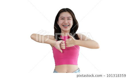 Thumbs up and thumbs down, Young woman doing hand sign thumbs up and thumbs down, Pros and cons, Success and failure, Right and wrong. 101318359