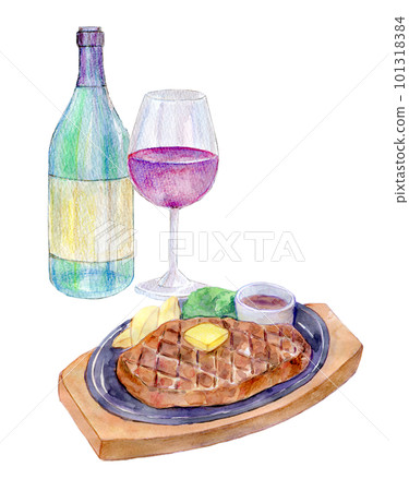 葡萄酒和牛排設置水彩插圖 101318384