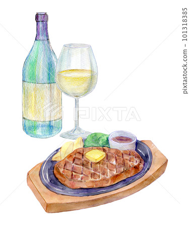 Wine and steak set watercolor illustration 101318385