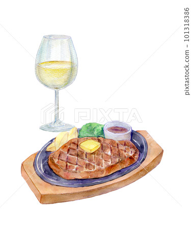 Wine and steak set watercolor illustration 101318386