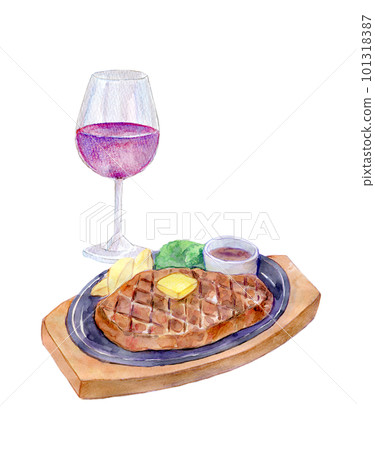 Wine and steak set watercolor illustration 101318387
