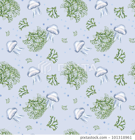 Seamless pattern of green sea plant and jellyfish watercolor illustration isolated on blue background. Codium seaweed hand drawn. Design for package, paper, textile, wrapping, marine collection 101318961