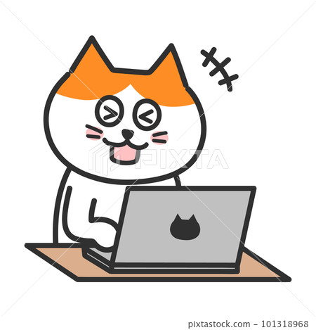 一隻棕白色的貓在操作電腦時大笑的插圖 101318968