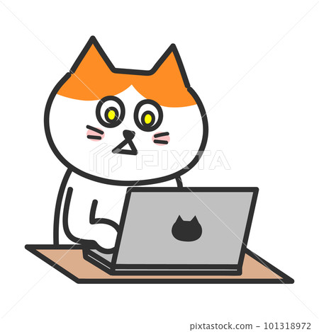Computer operation Brown-white cat with yellow eyes Illustration 101318972
