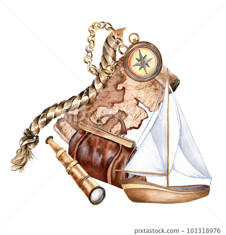 Composition of ancient map vintage style watercolor illustration isolated on white. 101318976