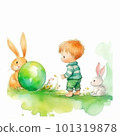 Children and rabbits playing with Easter eggs watercolor 101319878