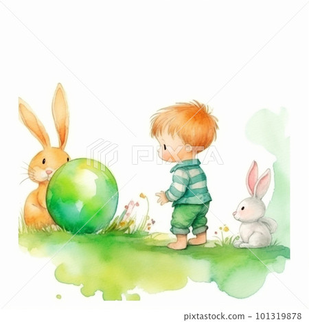 孩子們和兔子玩復活節彩蛋水彩畫 101319878