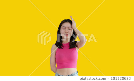 Stressed woman holding her temples with severe problems in her life, Family problems, Pressure from work, Poor financial, Despair in life, Discouraged and deeply saddened, Panic attacks. 101320683