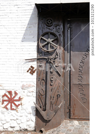 Kiev, Ukraine May 1, 2021: House of the Yakubovsky family museum in the center of Kiev hung with a swastika Kiev, Ukraine May 1, 2021: House of the Yakubovsky family museum in the center of Kiev hung with a swastika 101321290