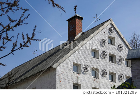 Kiev, Ukraine May 1, 2021: House of the Yakubovsky family museum in the center of Kiev hung with a swastika Kiev, Ukraine May 1, 2021: House of the Yakubovsky family museum in the center of Kiev hung with a swastika 101321299