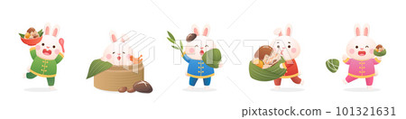 A group of playful and cute rabbits and Chinese Dragon Boat Festival traditional food Zongzi, delicious glutinous rice wrapped in bamboo leaves A group of playful and cute rabbits and Chinese Dragon Boat Festival traditional food Zongzi, delicious glutinous rice wrapped in bamboo leaves 101321631