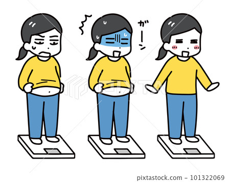 A set of various facial expressions of a young woman in casual clothes standing on a weight scale (whole body) 101322069