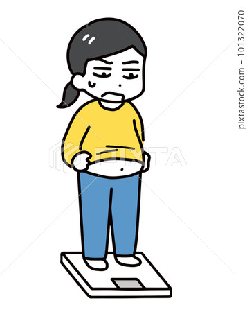 Plain clothes woman with a troubled face on a weight scale Plain clothes woman with a troubled face on a weight scale 101322070