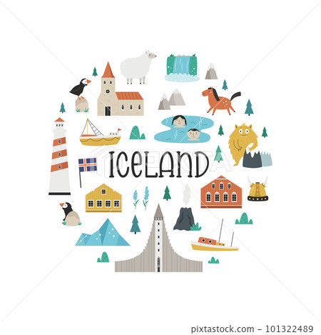 Vector colorful circle design, banner with icons, famous symbols of Iceland. Vector colorful circle design, banner with icons, famous symbols of Iceland. 101322489