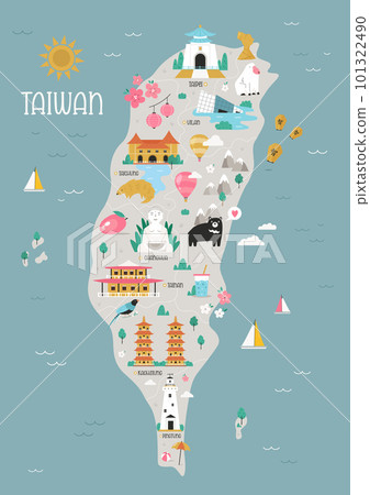Vector illustration of Taiwan map with famius symbols, landmarks, animals. 101322490