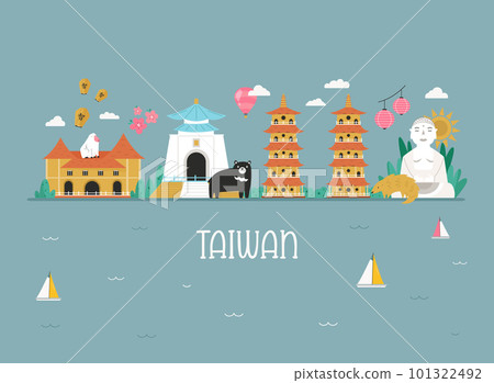 Vector colorful design, banner, card with icons, famous symbols of Taiwan Vector colorful design, banner, card with icons, famous symbols of Taiwan 101322492