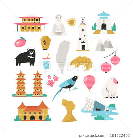 Vector colorful design, banner with icons, famous symbols of Taiwan Vector colorful design, banner with icons, famous symbols of Taiwan 101322493